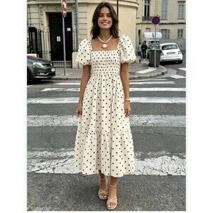 New Look Puff Sleeve Smocked Maxi Dress Womens Size 14 Polka Dot Linen Blend NEW